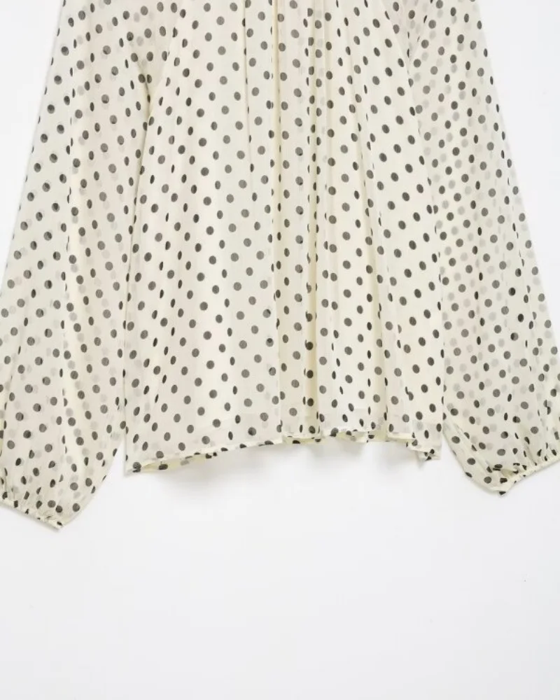 2026 Elegant Women Polka Dot Blouse, Spring Bow Tie Lantern Sleeve Layered Neck Chiffon Shirt, Casual Daily Office Top