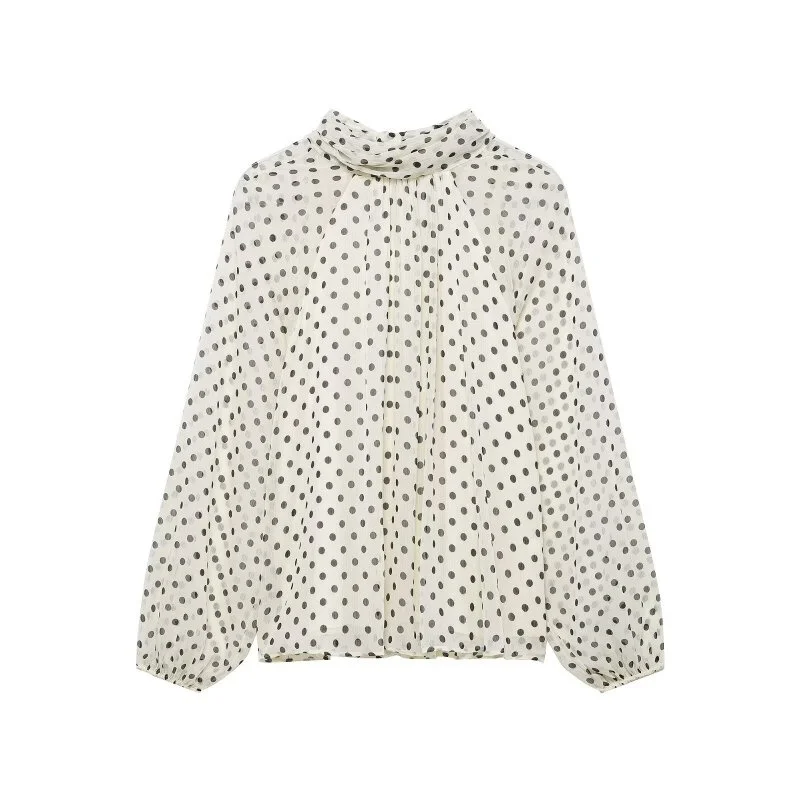 2026 Elegant Women Polka Dot Blouse, Spring Bow Tie Lantern Sleeve Layered Neck Chiffon Shirt, Casual Daily Office Top