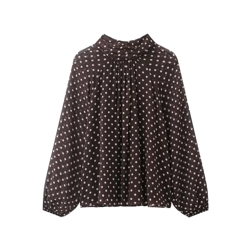 2026 Elegant Women Polka Dot Blouse, Spring Bow Tie Lantern Sleeve Layered Neck Chiffon Shirt, Casual Daily Office Top