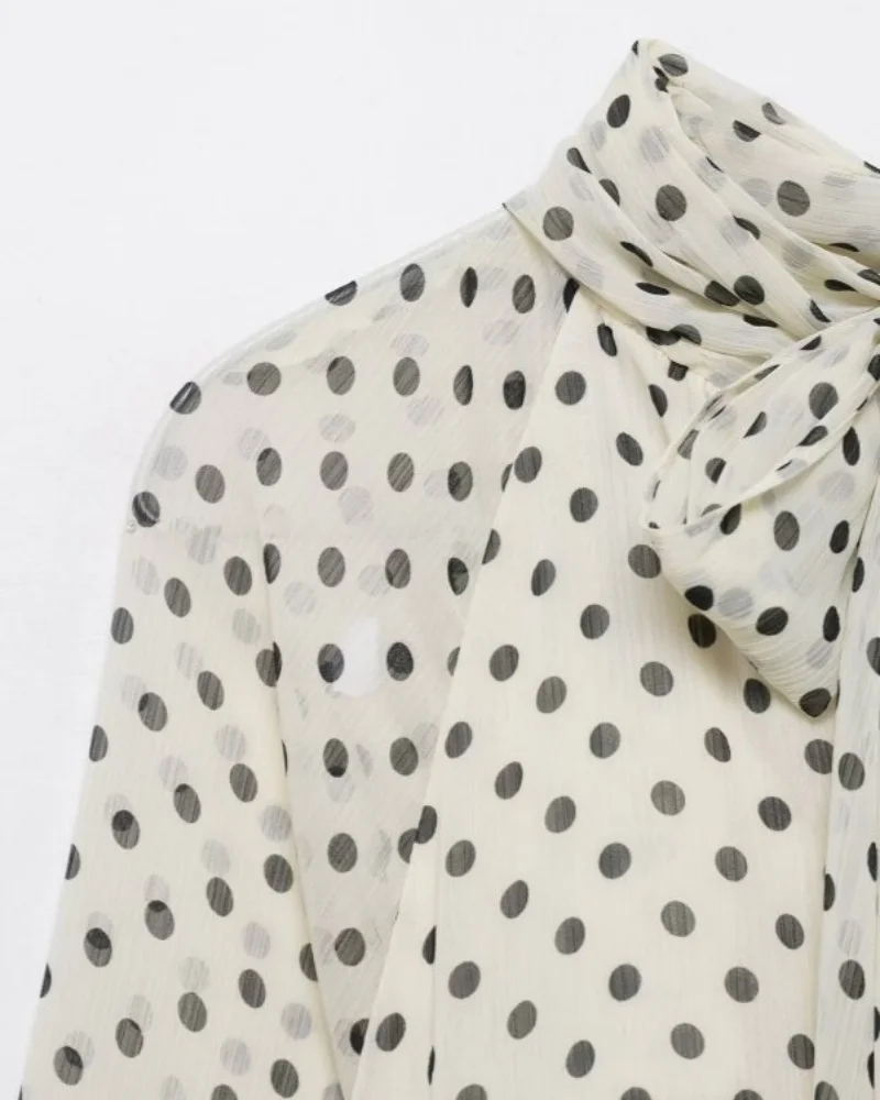 2026 Elegant Women Polka Dot Blouse, Spring Bow Tie Lantern Sleeve Layered Neck Chiffon Shirt, Casual Daily Office Top