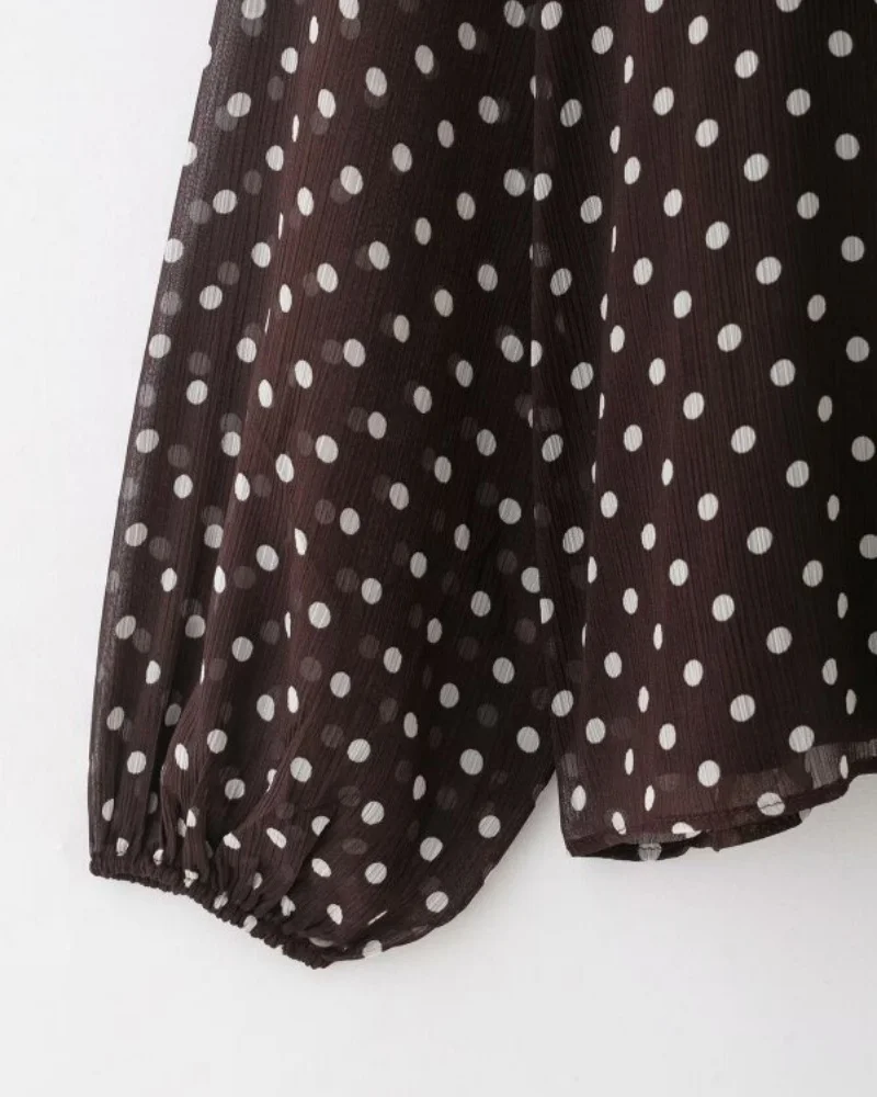 2026 Elegant Women Polka Dot Blouse, Spring Bow Tie Lantern Sleeve Layered Neck Chiffon Shirt, Casual Daily Office Top