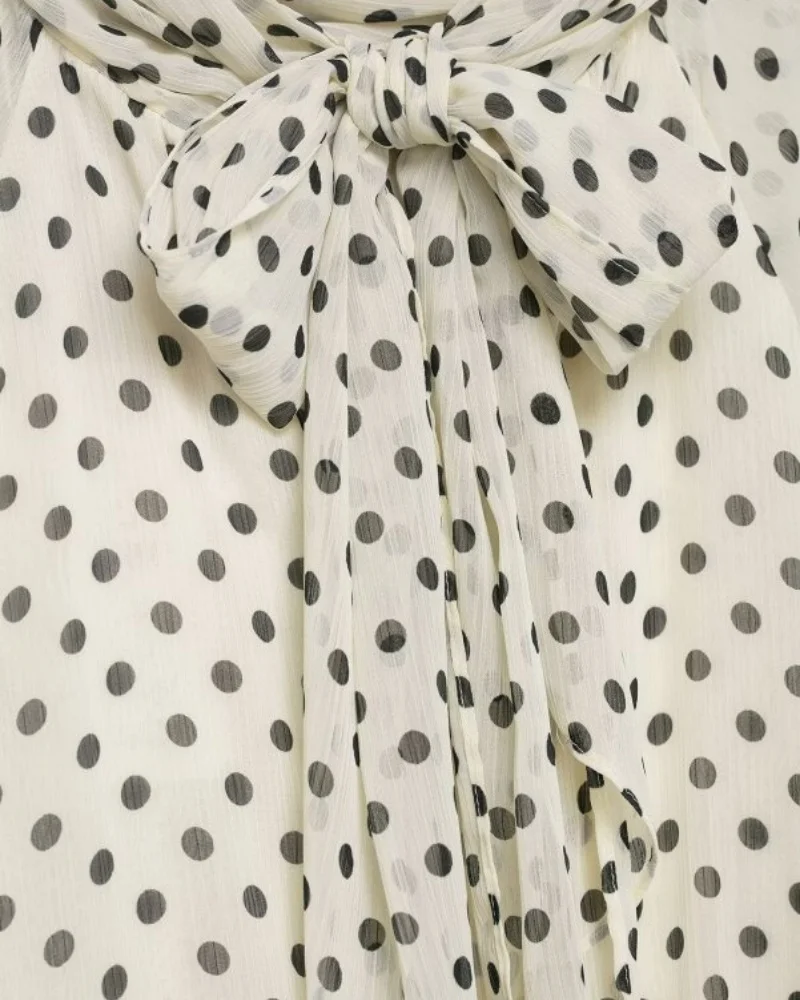 2026 Elegant Women Polka Dot Blouse, Spring Bow Tie Lantern Sleeve Layered Neck Chiffon Shirt, Casual Daily Office Top