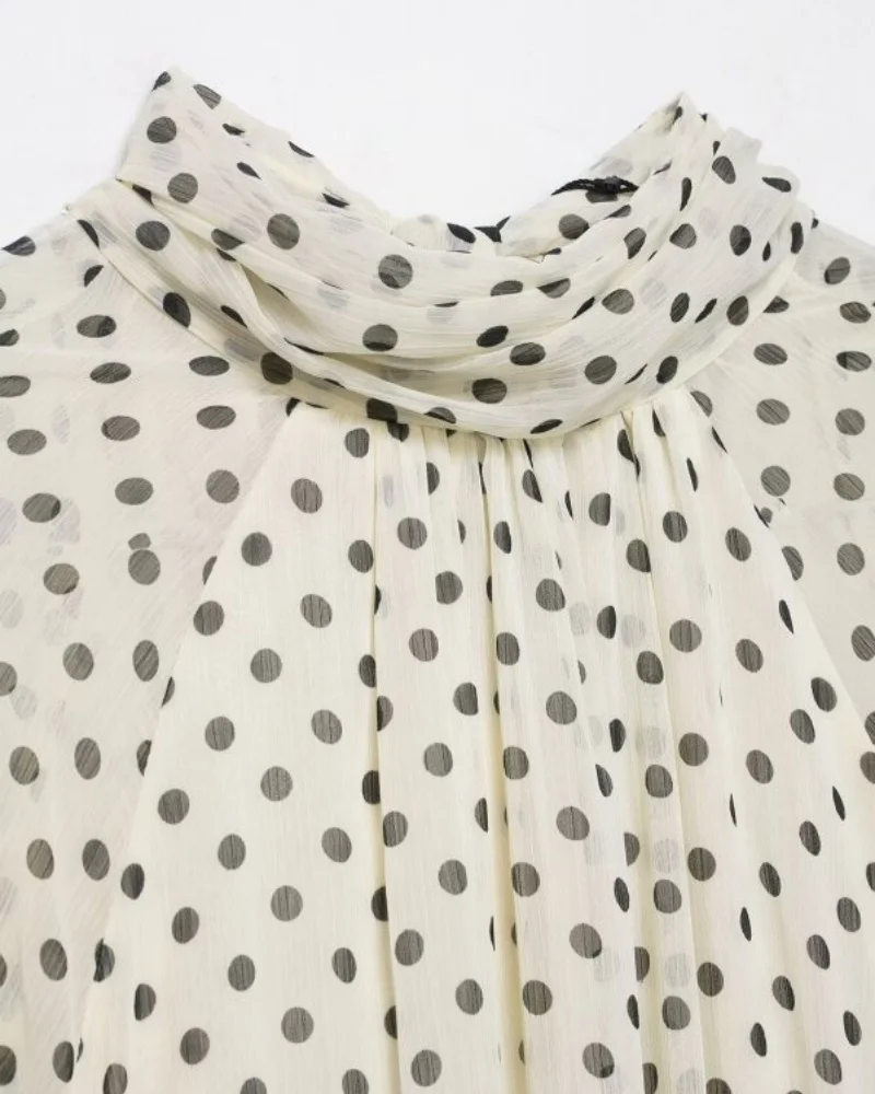 2026 Elegant Women Polka Dot Blouse, Spring Bow Tie Lantern Sleeve Layered Neck Chiffon Shirt, Casual Daily Office Top