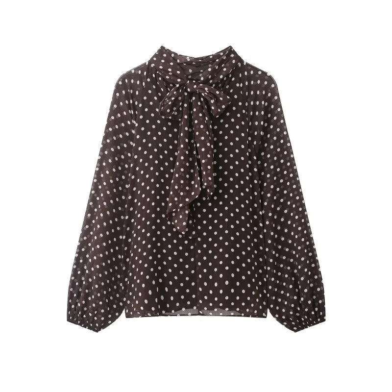 2026 Elegant Women Polka Dot Blouse, Spring Bow Tie Lantern Sleeve Layered Neck Chiffon Shirt, Casual Daily Office Top