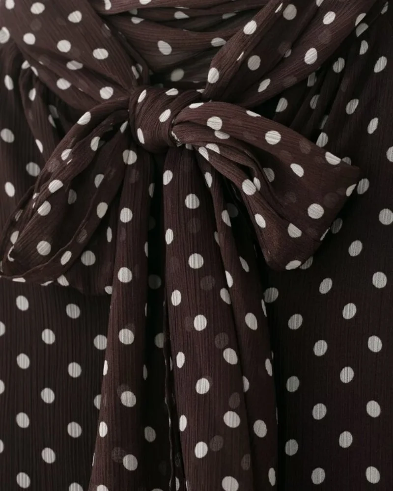 2026 Elegant Women Polka Dot Blouse, Spring Bow Tie Lantern Sleeve Layered Neck Chiffon Shirt, Casual Daily Office Top
