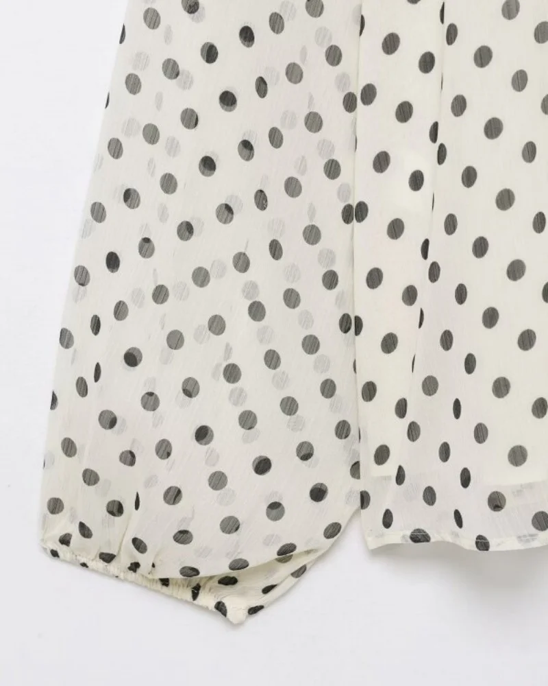 2026 Elegant Women Polka Dot Blouse, Spring Bow Tie Lantern Sleeve Layered Neck Chiffon Shirt, Casual Daily Office Top