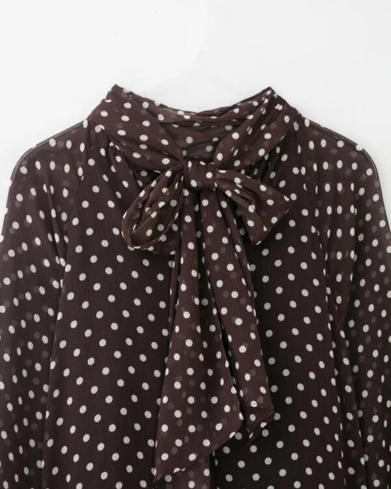 2026 Elegant Women Polka Dot Blouse, Spring Bow Tie Lantern Sleeve Layered Neck Chiffon Shirt, Casual Daily Office Top