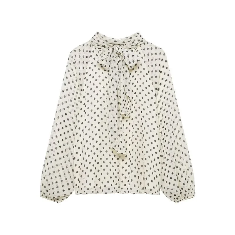 2026 Elegant Women Polka Dot Blouse, Spring Bow Tie Lantern Sleeve Layered Neck Chiffon Shirt, Casual Daily Office Top