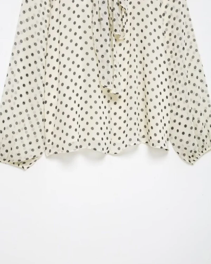 2026 Elegant Women Polka Dot Blouse, Spring Bow Tie Lantern Sleeve Layered Neck Chiffon Shirt, Casual Daily Office Top