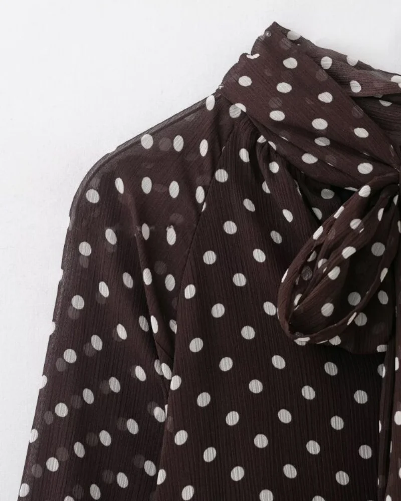 2026 Elegant Women Polka Dot Blouse, Spring Bow Tie Lantern Sleeve Layered Neck Chiffon Shirt, Casual Daily Office Top