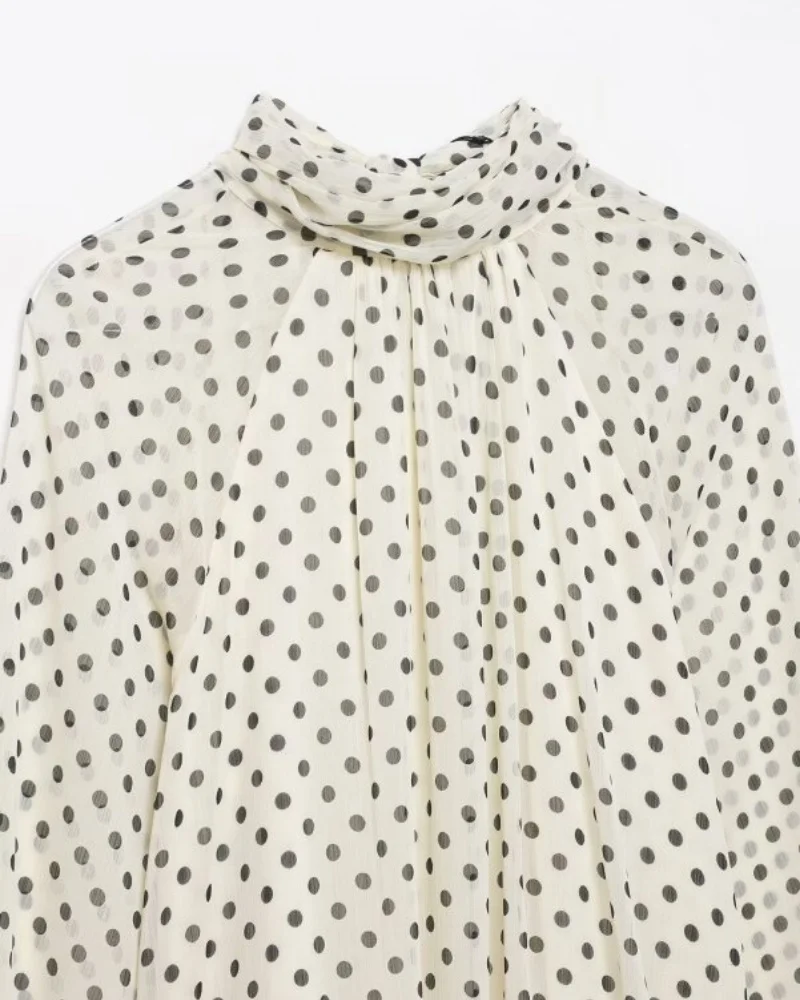 2026 Elegant Women Polka Dot Blouse, Spring Bow Tie Lantern Sleeve Layered Neck Chiffon Shirt, Casual Daily Office Top