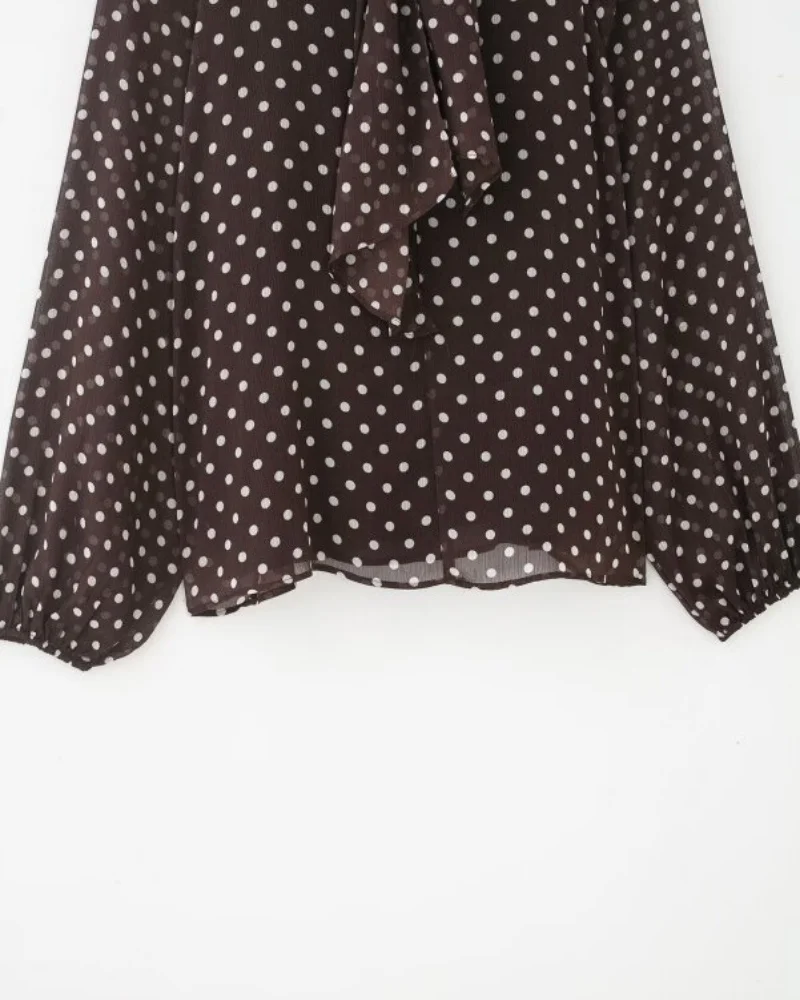2026 Elegant Women Polka Dot Blouse, Spring Bow Tie Lantern Sleeve Layered Neck Chiffon Shirt, Casual Daily Office Top