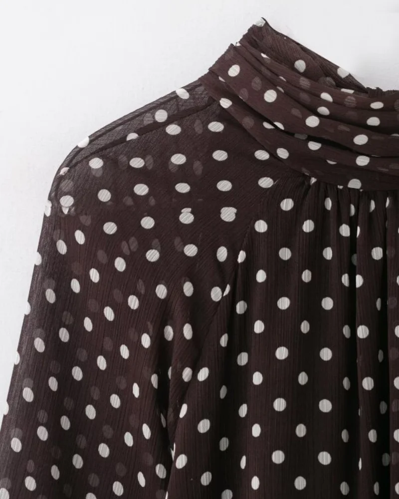 2026 Elegant Women Polka Dot Blouse, Spring Bow Tie Lantern Sleeve Layered Neck Chiffon Shirt, Casual Daily Office Top
