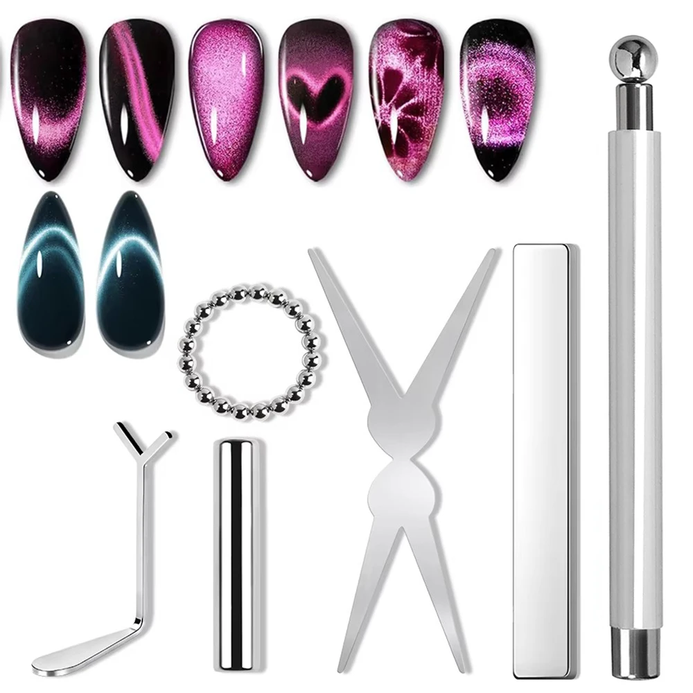6Pcs Nail Magnet Tool Set Cat Eye French Tips Cat Eye Heart Magnets Nail Magnet Stick Cat Eye Gel Polish Magnets Tools Manicure