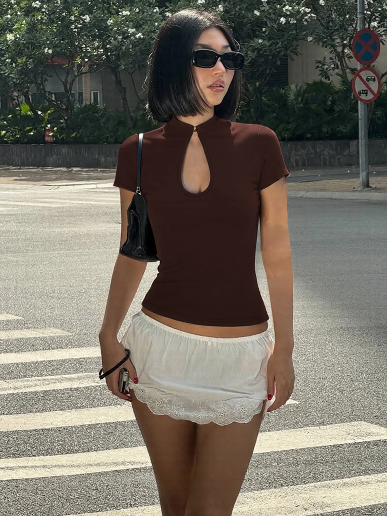 Dulzura Mandarin Collar Short Sleeve Chines Style Knot Button Hollow Out T-Shirt Fashion Causal Y2K Party Street Summer Clothes