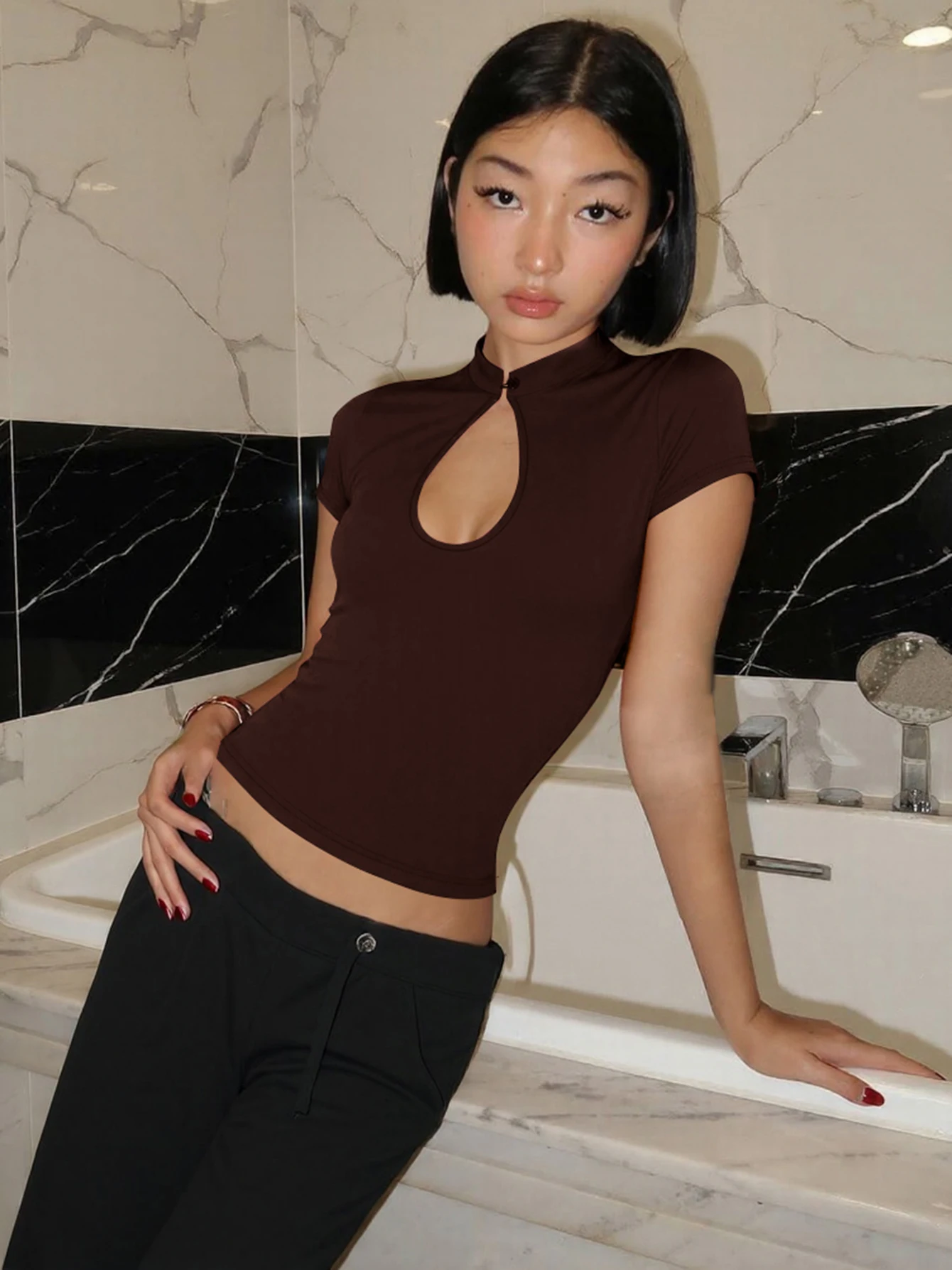 Dulzura Mandarin Collar Short Sleeve Chines Style Knot Button Hollow Out T-Shirt Fashion Causal Y2K Party Street Summer Clothes