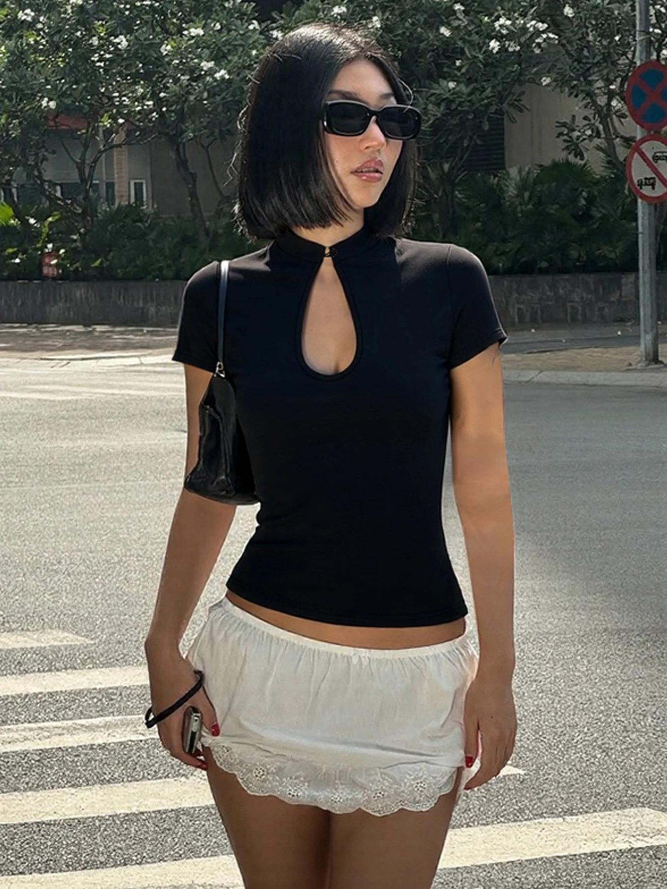 Dulzura Mandarin Collar Short Sleeve Chines Style Knot Button Hollow Out T-Shirt Fashion Causal Y2K Party Street Summer Clothes