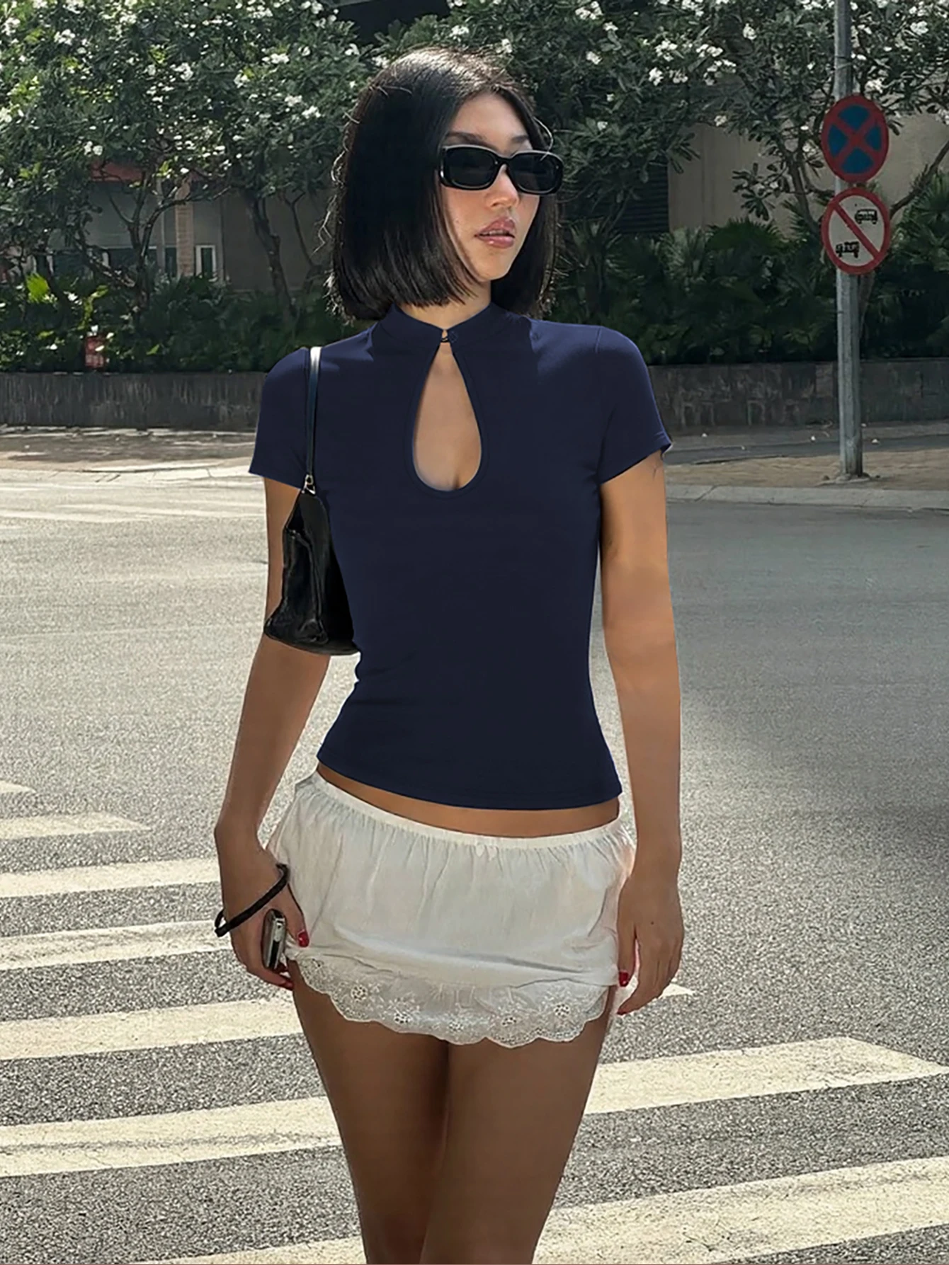 Dulzura Mandarin Collar Short Sleeve Chines Style Knot Button Hollow Out T-Shirt Fashion Causal Y2K Party Street Summer Clothes
