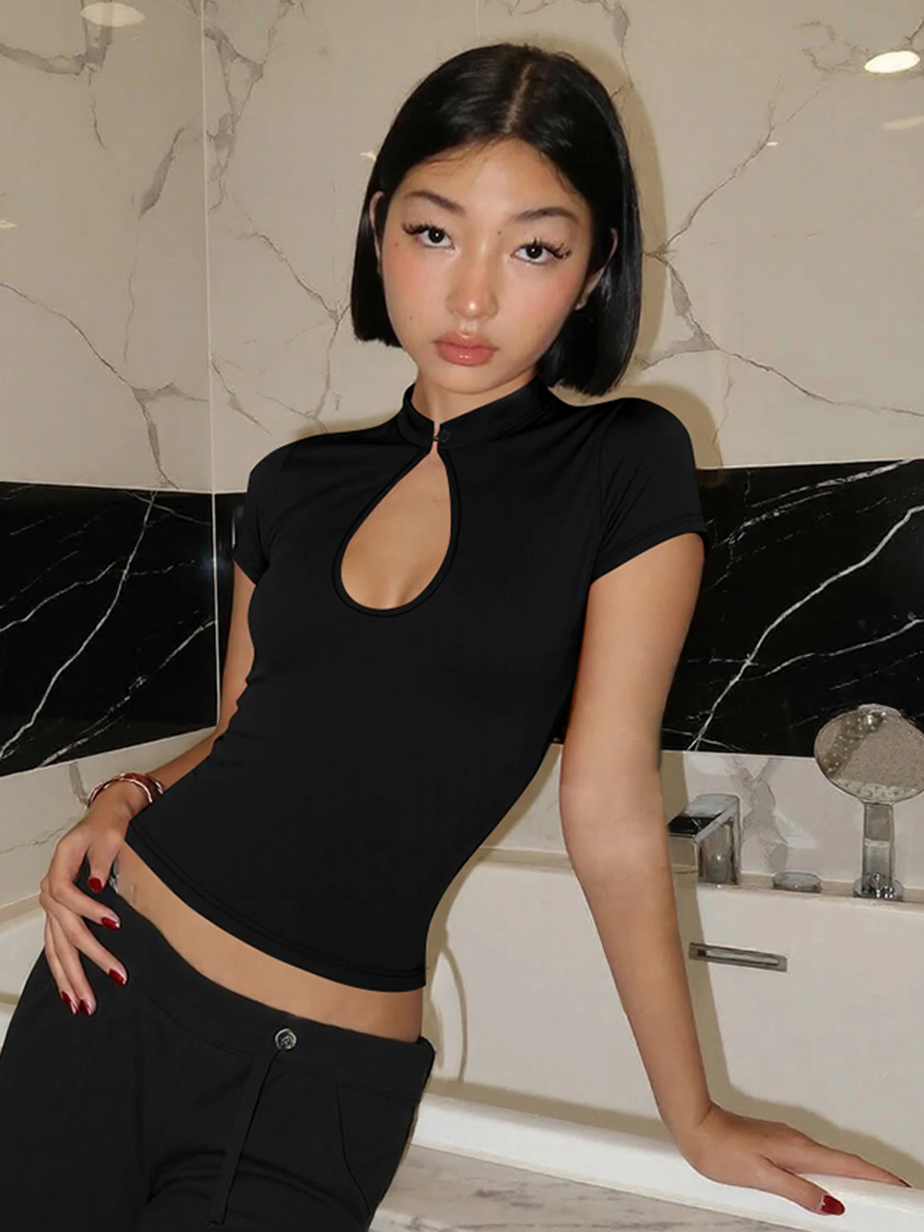 Dulzura Mandarin Collar Short Sleeve Chines Style Knot Button Hollow Out T-Shirt Fashion Causal Y2K Party Street Summer Clothes