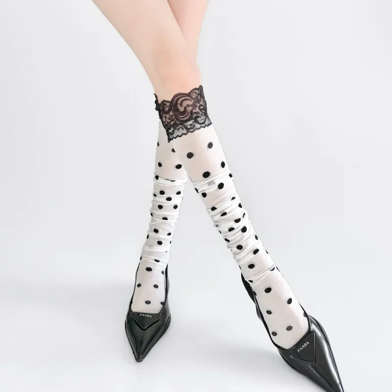 Lace Trim High Waist Polka Dot Sexy Long Tube Socks Over Knee Length Nylon Breathable Versatile Solid Color Long Tube Stockings