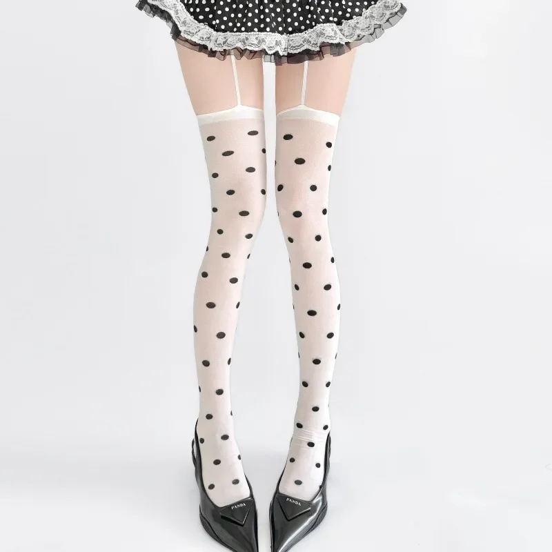 Lace Trim High Waist Polka Dot Sexy Long Tube Socks Over Knee Length Nylon Breathable Versatile Solid Color Long Tube Stockings