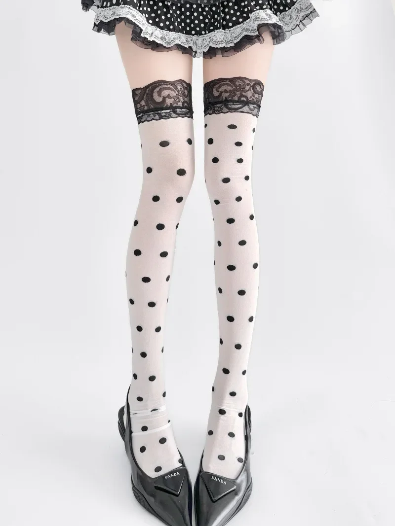 Lace Trim High Waist Polka Dot Sexy Long Tube Socks Over Knee Length Nylon Breathable Versatile Solid Color Long Tube Stockings
