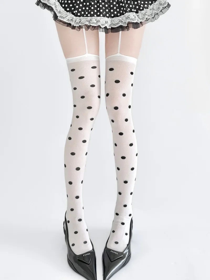 Lace Trim High Waist Polka Dot Sexy Long Tube Socks Over Knee Length Nylon Breathable Versatile Solid Color Long Tube Stockings