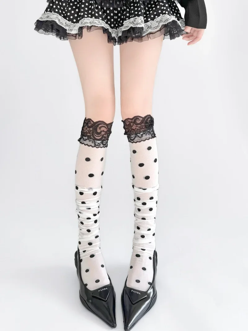 Lace Trim High Waist Polka Dot Sexy Long Tube Socks Over Knee Length Nylon Breathable Versatile Solid Color Long Tube Stockings