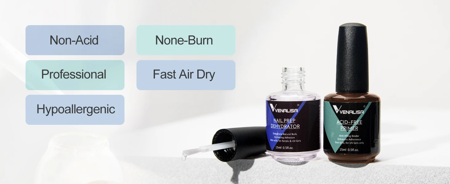 VENALISA Nail Dehydrator & Acid-Free Primer Kit 15ml – Anti-Lifting Quick Dry for UV LED Gel Polish Acrylic Nail Prep DIY Salon