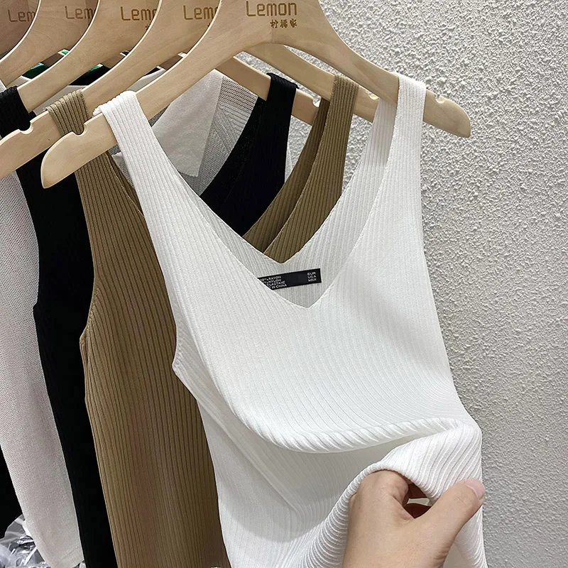 Zjaiss 2026 Summer Fashion Women Camisole Ice Silk Knit Tank Top Slim Fit Sleeveless Base Top Solid Color V-Neck Crop Top
