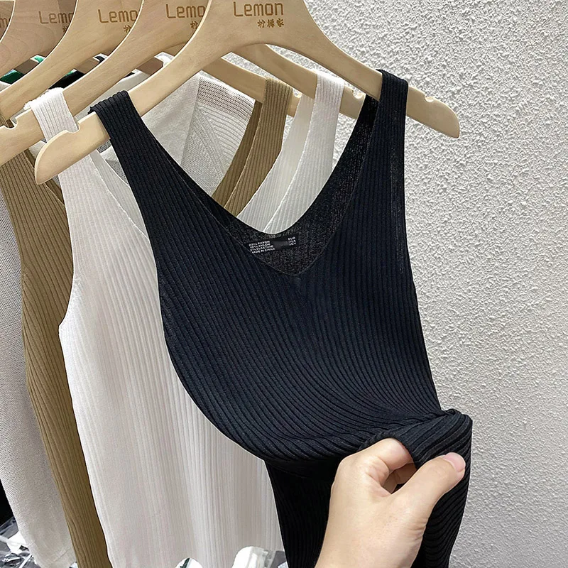 Zjaiss 2026 Summer Fashion Women Camisole Ice Silk Knit Tank Top Slim Fit Sleeveless Base Top Solid Color V-Neck Crop Top