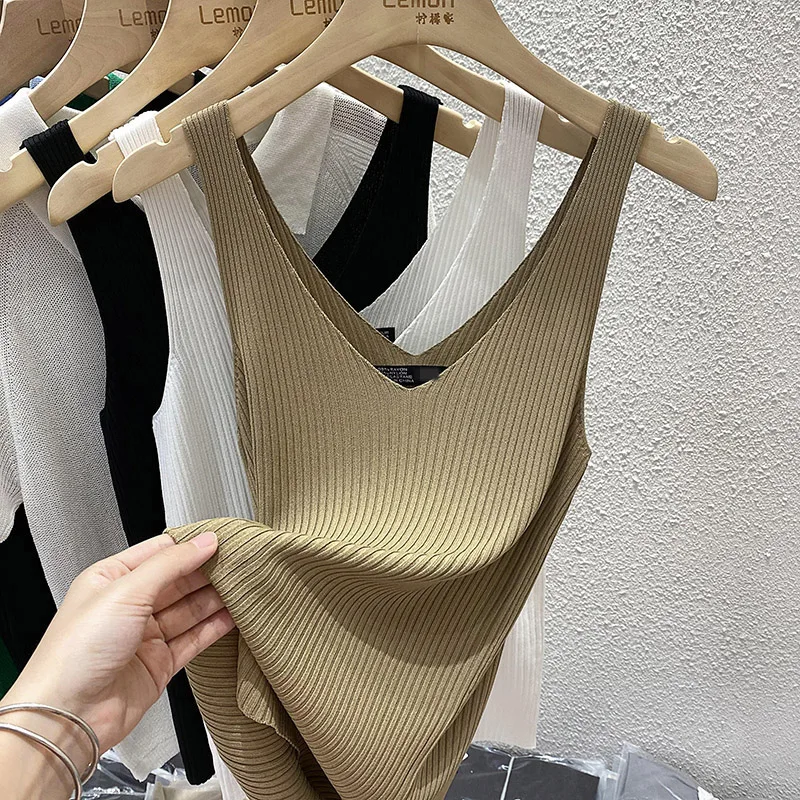 Zjaiss 2026 Summer Fashion Women Camisole Ice Silk Knit Tank Top Slim Fit Sleeveless Base Top Solid Color V-Neck Crop Top