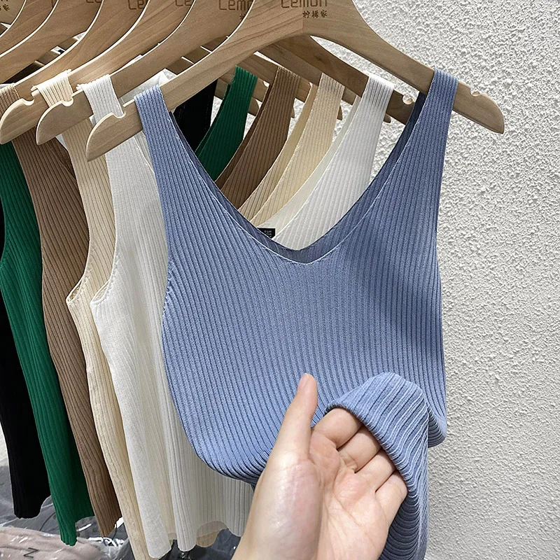 Zjaiss 2026 Summer Fashion Women Camisole Ice Silk Knit Tank Top Slim Fit Sleeveless Base Top Solid Color V-Neck Crop Top