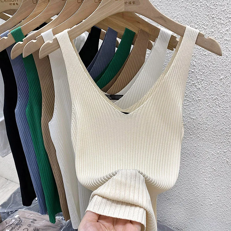 Zjaiss 2026 Summer Fashion Women Camisole Ice Silk Knit Tank Top Slim Fit Sleeveless Base Top Solid Color V-Neck Crop Top