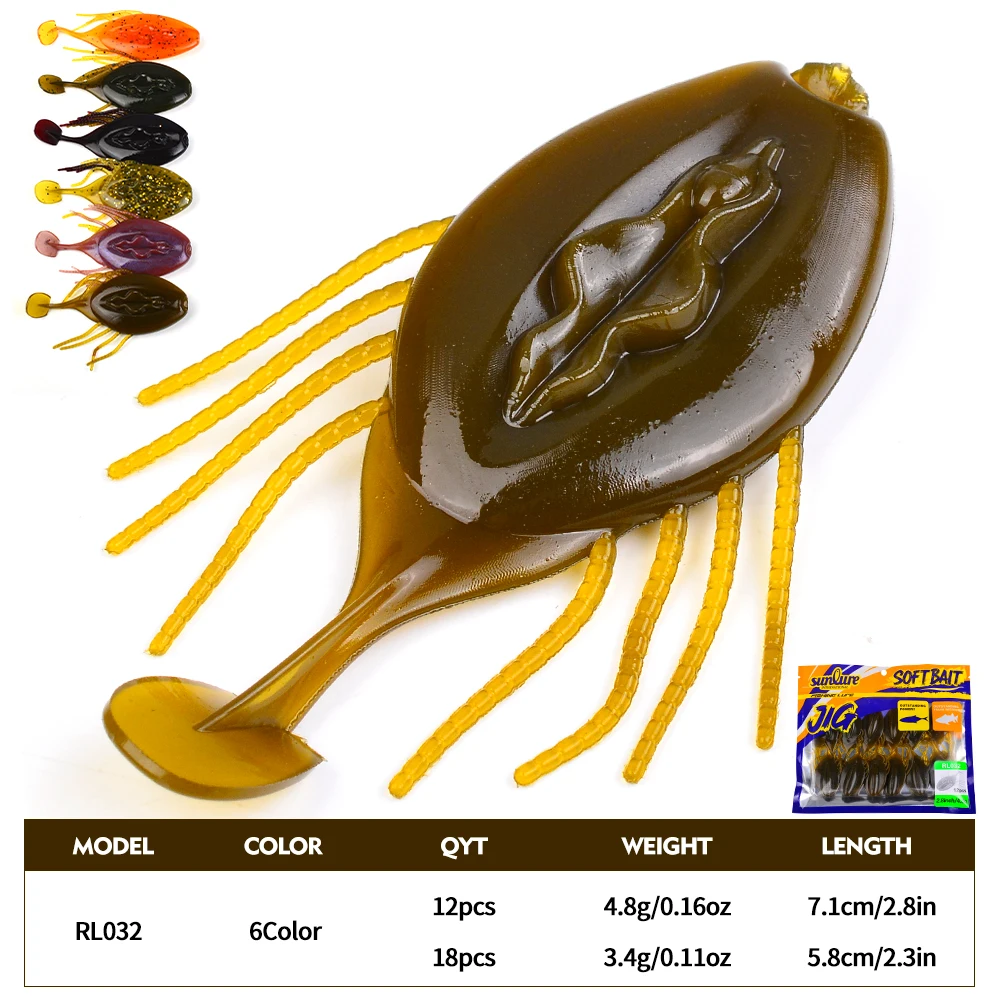 Sunlure Tadpole Shaped Tentacle Flat Tail Soft Bait 12/18pcs Artificial Silicone Wobblers Swimbaits 6-color Bass Fishing Lures