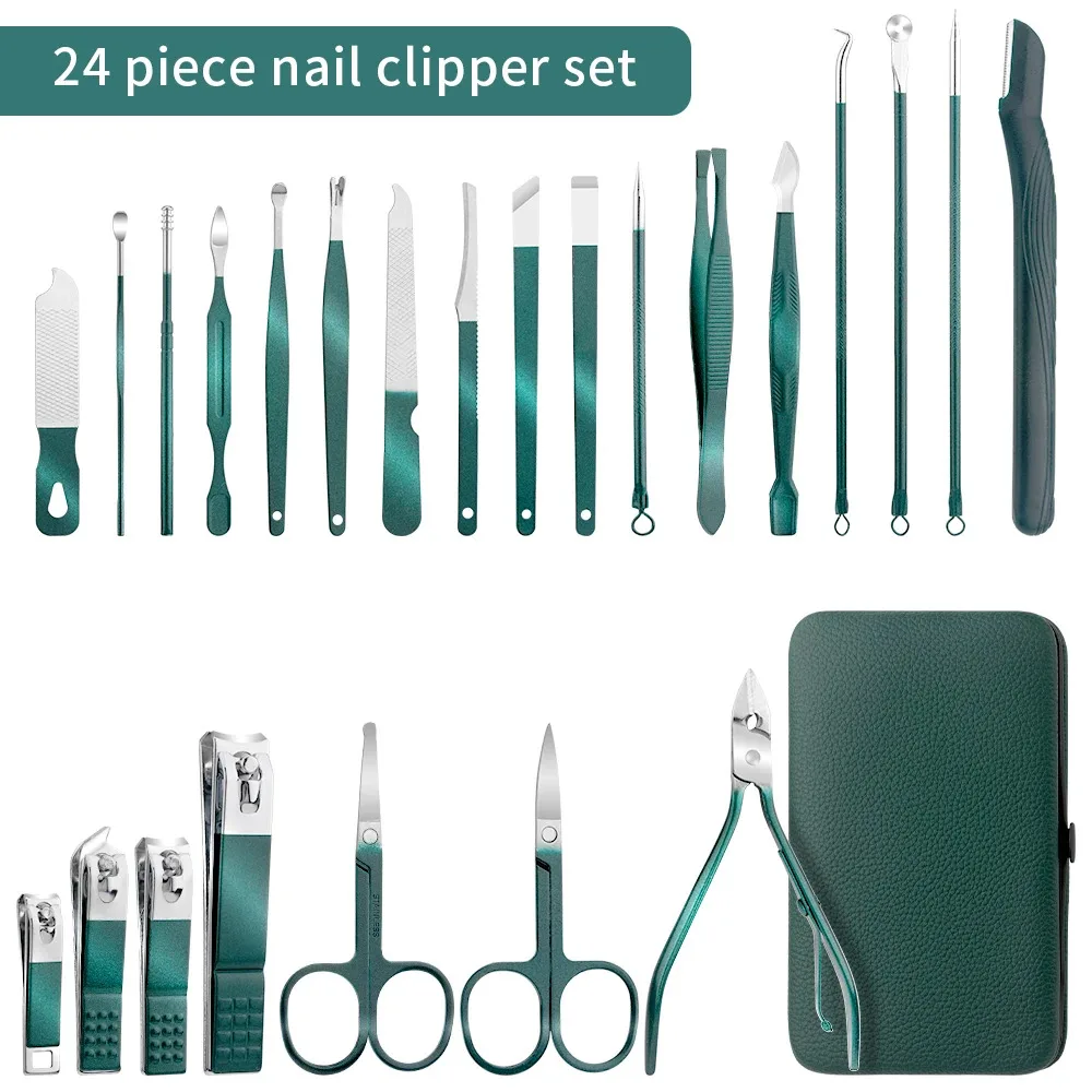 7/13/24pcs Nail clipper set, home nail clippers, dark green 7-24piece set, pedicure, exfoliation and nail care tools