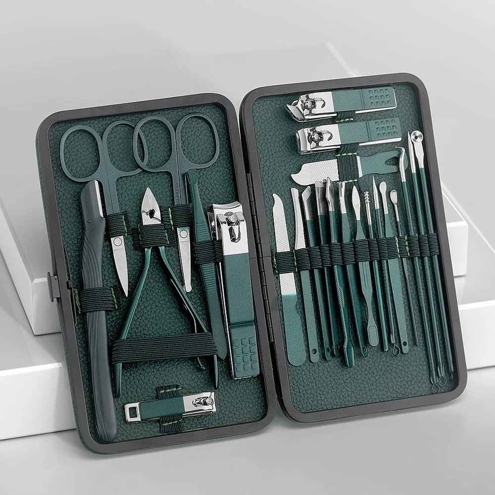 7/13/24pcs Nail clipper set, home nail clippers, dark green 7-24piece set, pedicure, exfoliation and nail care tools