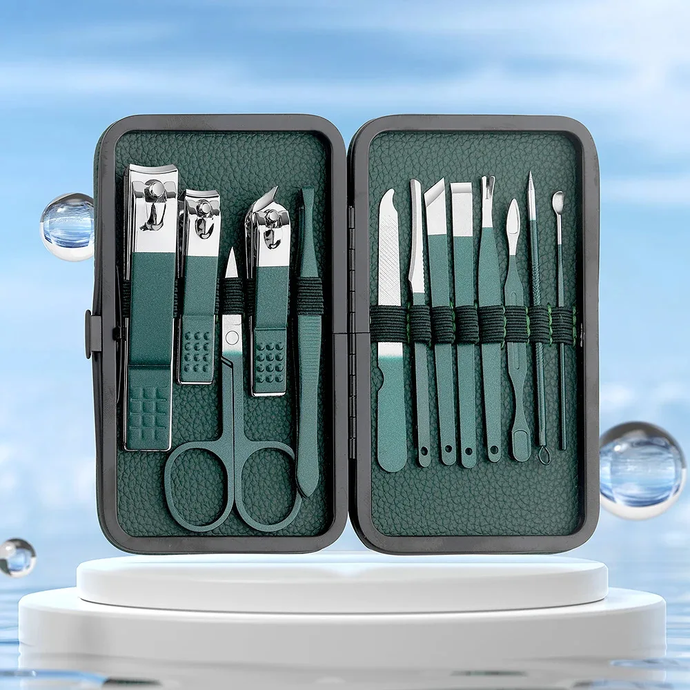 7/13/24pcs Nail clipper set, home nail clippers, dark green 7-24piece set, pedicure, exfoliation and nail care tools