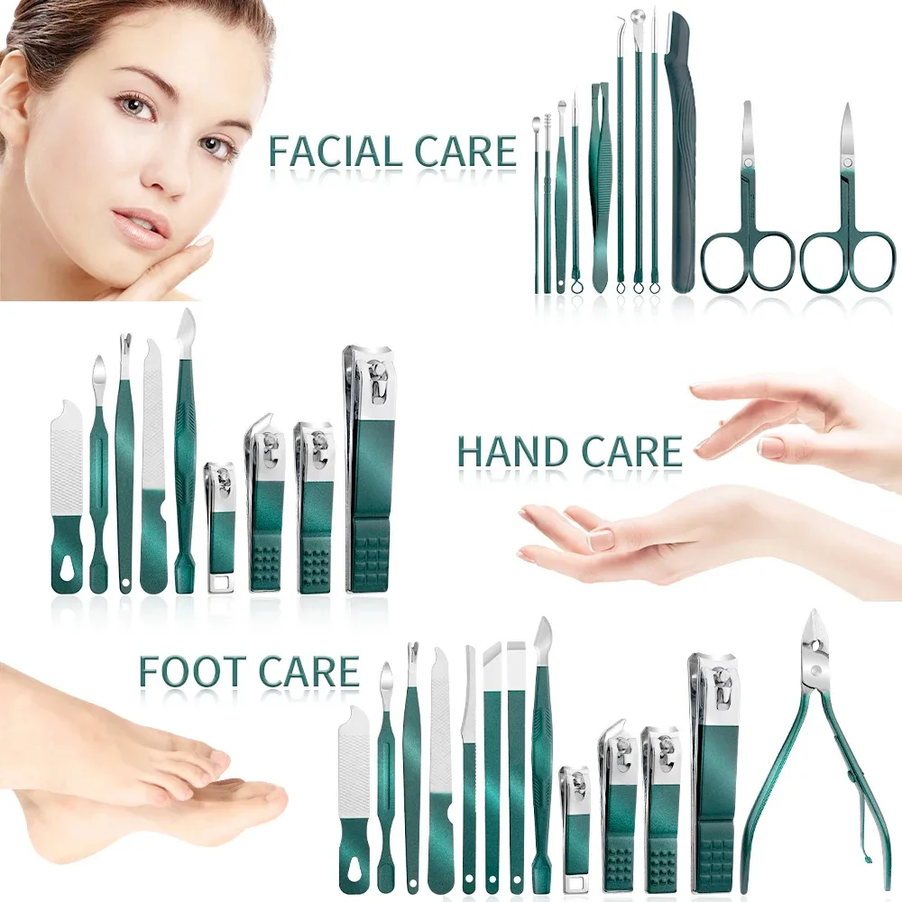 7/13/24pcs Nail clipper set, home nail clippers, dark green 7-24piece set, pedicure, exfoliation and nail care tools