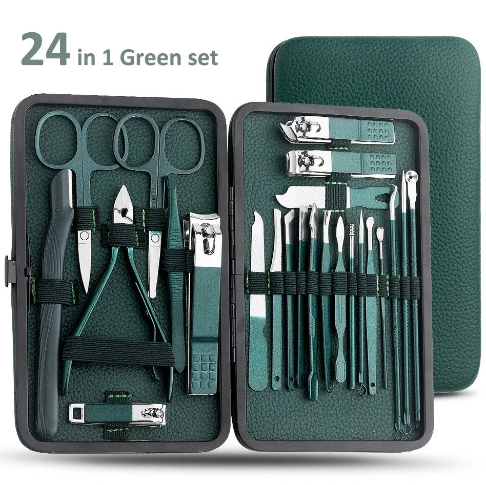7/13/24pcs Nail clipper set, home nail clippers, dark green 7-24piece set, pedicure, exfoliation and nail care tools