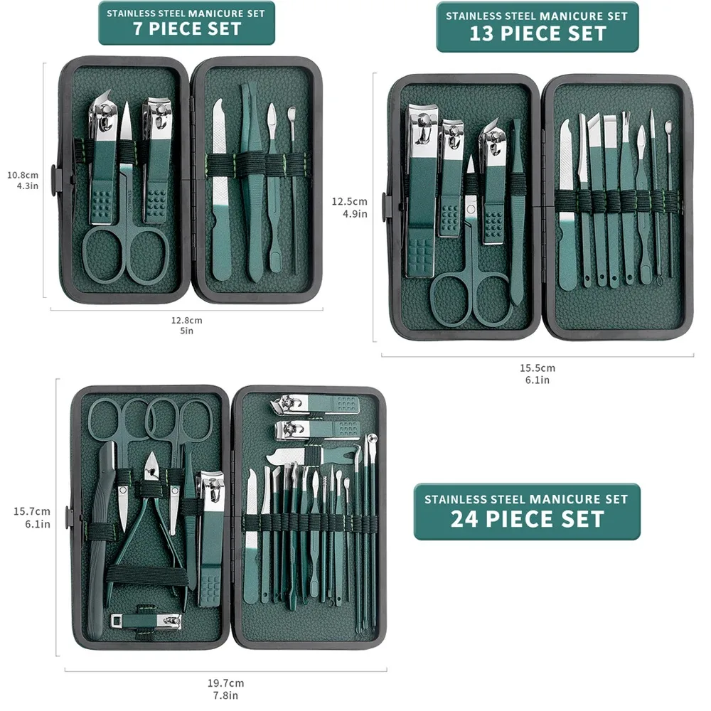 7/13/24pcs Nail clipper set, home nail clippers, dark green 7-24piece set, pedicure, exfoliation and nail care tools