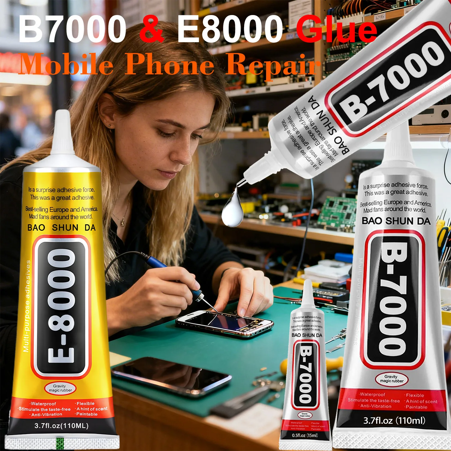 B7000/E8000 Adhesive (15/110g) for Mobile Phones, Jewelry, Metal, Plastic, Toys, and Shoes – Waterproof and Transparent