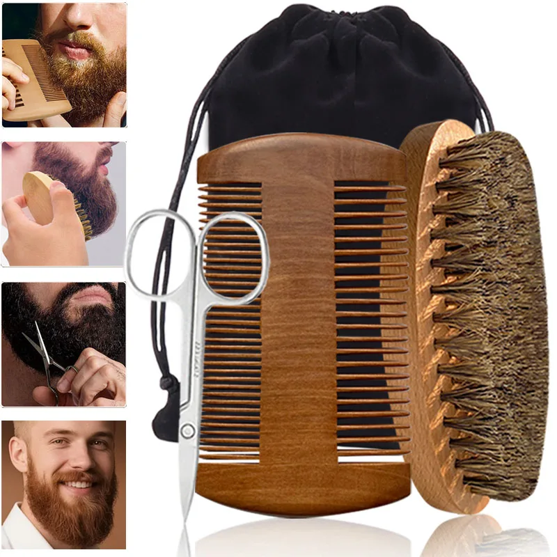 Men's Beard Grooming Set, Convenient Barber Tools, Beard Brush, Bristle Material, Comb, Scissors, Convenient Storage Bag