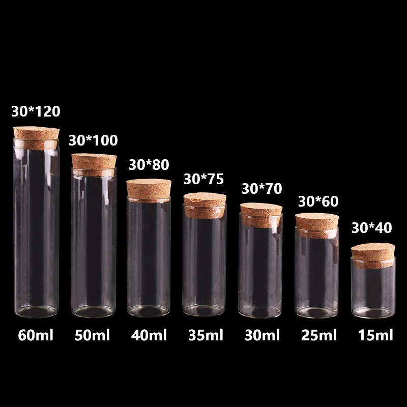 15ml/25ml/30ml/35ml/40ml/45ml/50ml/55ml/60ml/80ml/100ml Small Glass Test Tube with Cork Stopper Dragees Jars Bottles 24 pieces