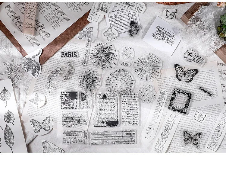 JIANWU Minimalist Black White Transparent Stamp Creative Retro Scrapbooking Journal Decoration Silicone Seal Stationery Supplies