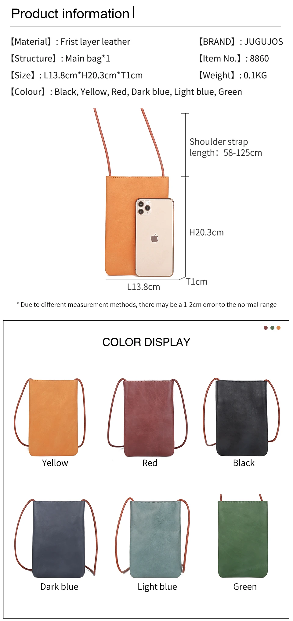 JOGUJOS Genuine Leather Women Shoulder Crossbody Bags Small Handbag Ladies CellPhone Bag Simple Style Messenger Bag Phone Pouch