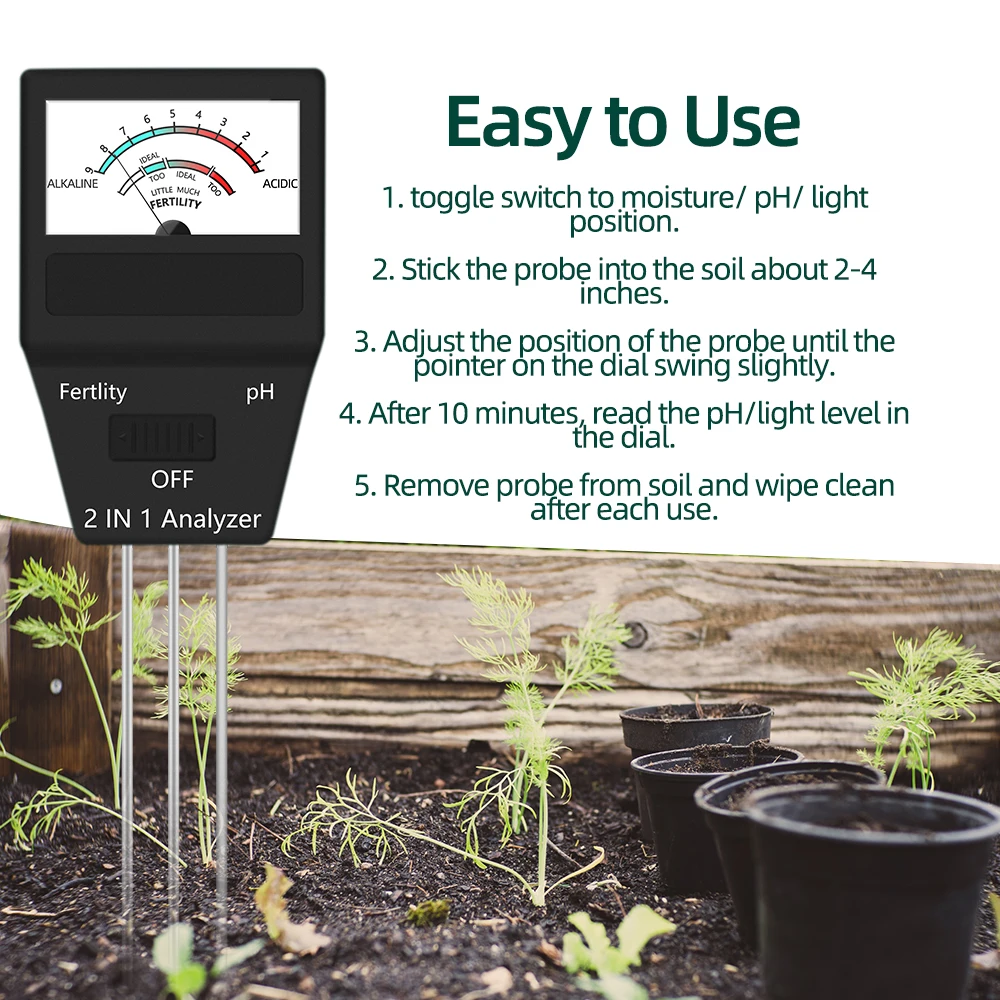2 in 1 / 4 in 1 Soil Moisture PH Meter Acidity Humidity Tester Metal Sensor Probe 3~8 PH Hygrometer for Planting Garden Garden T