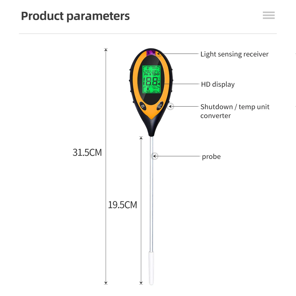 2 in 1 / 4 in 1 Soil Moisture PH Meter Acidity Humidity Tester Metal Sensor Probe 3~8 PH Hygrometer for Planting Garden Garden T