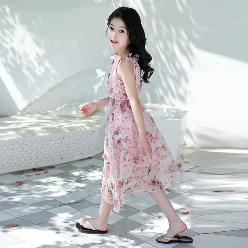 Girls Flower Bohemian Summer Dress ChildKids Girl Beach Dresses Chiffon Dresses Floral Teenager Girl's Clothes 6 8 10 12 14 Year