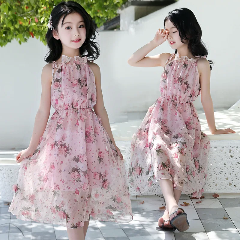 Girls Flower Bohemian Summer Dress ChildKids Girl Beach Dresses Chiffon Dresses Floral Teenager Girl's Clothes 6 8 10 12 14 Year